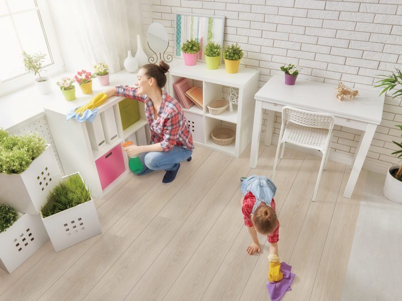 Happy family cleans the room. Mother and daughter do the cleaning in the house. A young woman and a little child girl dusting.